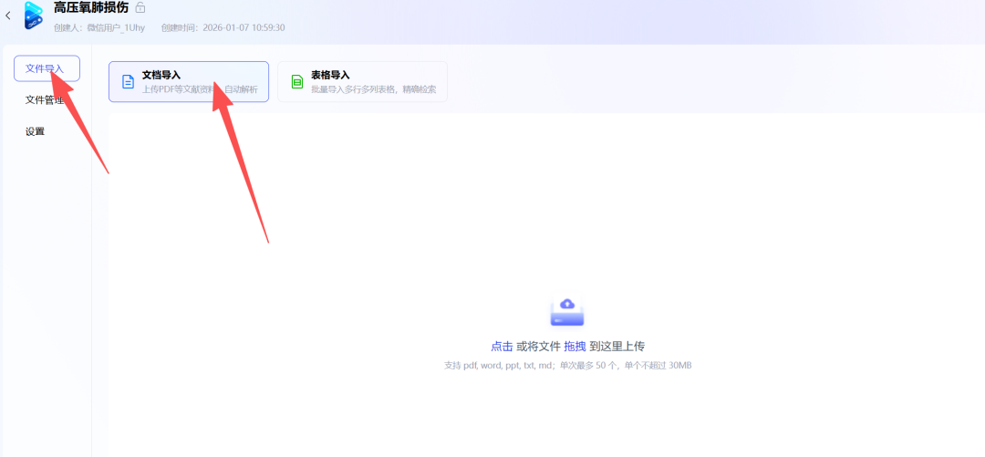 文档导入支持 PDF、Word、PPT 等格式,可点击或拖拽上传